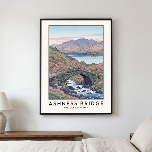 Ashness Bridge travel poster in a black frame, hanging in a bedroom3