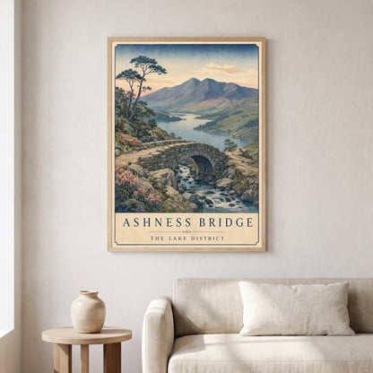 Ashness Bridge travel poster in a natural frame, hanging in a living