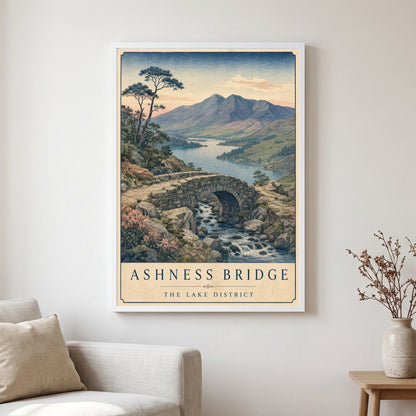 Ashness Bridge travel poster in a white frame, hanging in a living2