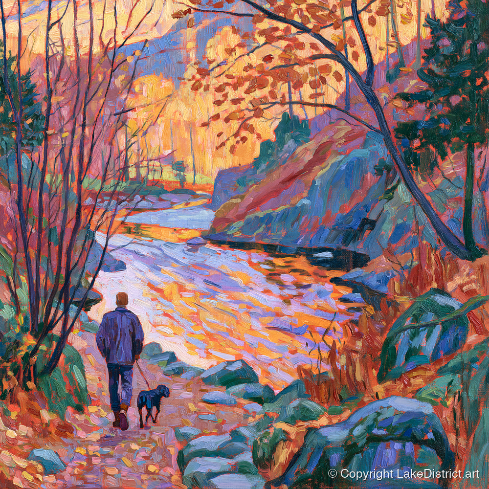 Autumn Dog Walk Aira Force - gifts for dog walkers art print and canvas by Celia Harding A.I
