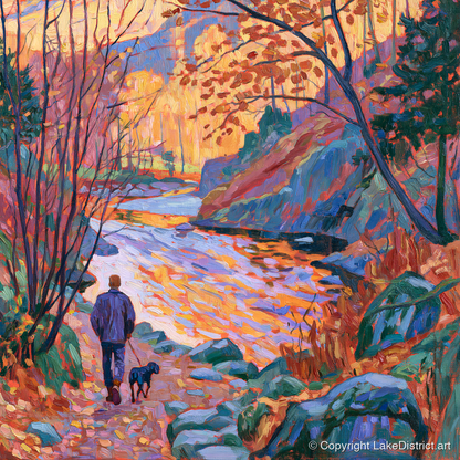 Autumn Dog Walk Aira Force - gifts for dog walkers art print and canvas by Celia Harding A.I