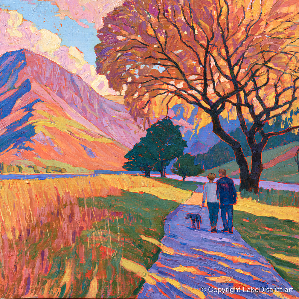 Autumn Dog Walk at Buttermere - gifts for dog walkers art print and canvas by Celia Harding A.I