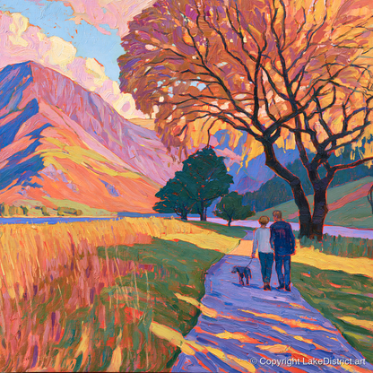 Autumn Dog Walk at Buttermere - gifts for dog walkers art print and canvas by Celia Harding A.I