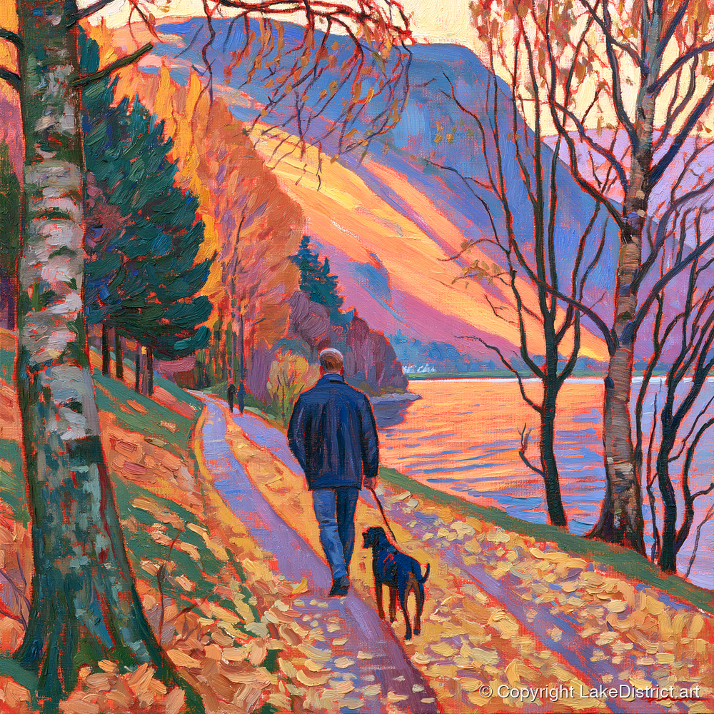 Autumn Dog Walk at Glenridding - gifts for dog walkers art print and canvas by Celia Harding A.I