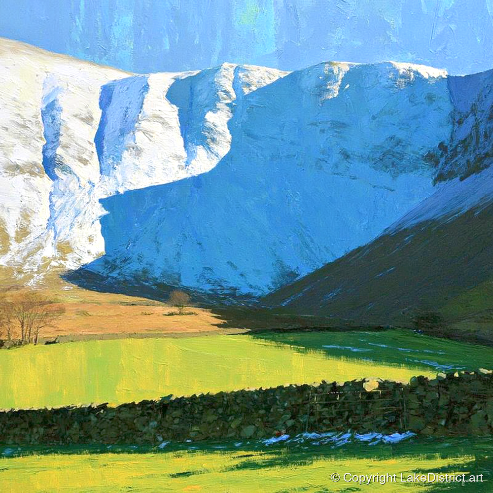 Bannerdale Crags Winter Sunlight - lake district fell art print and canvas by Daphne Morley A.I