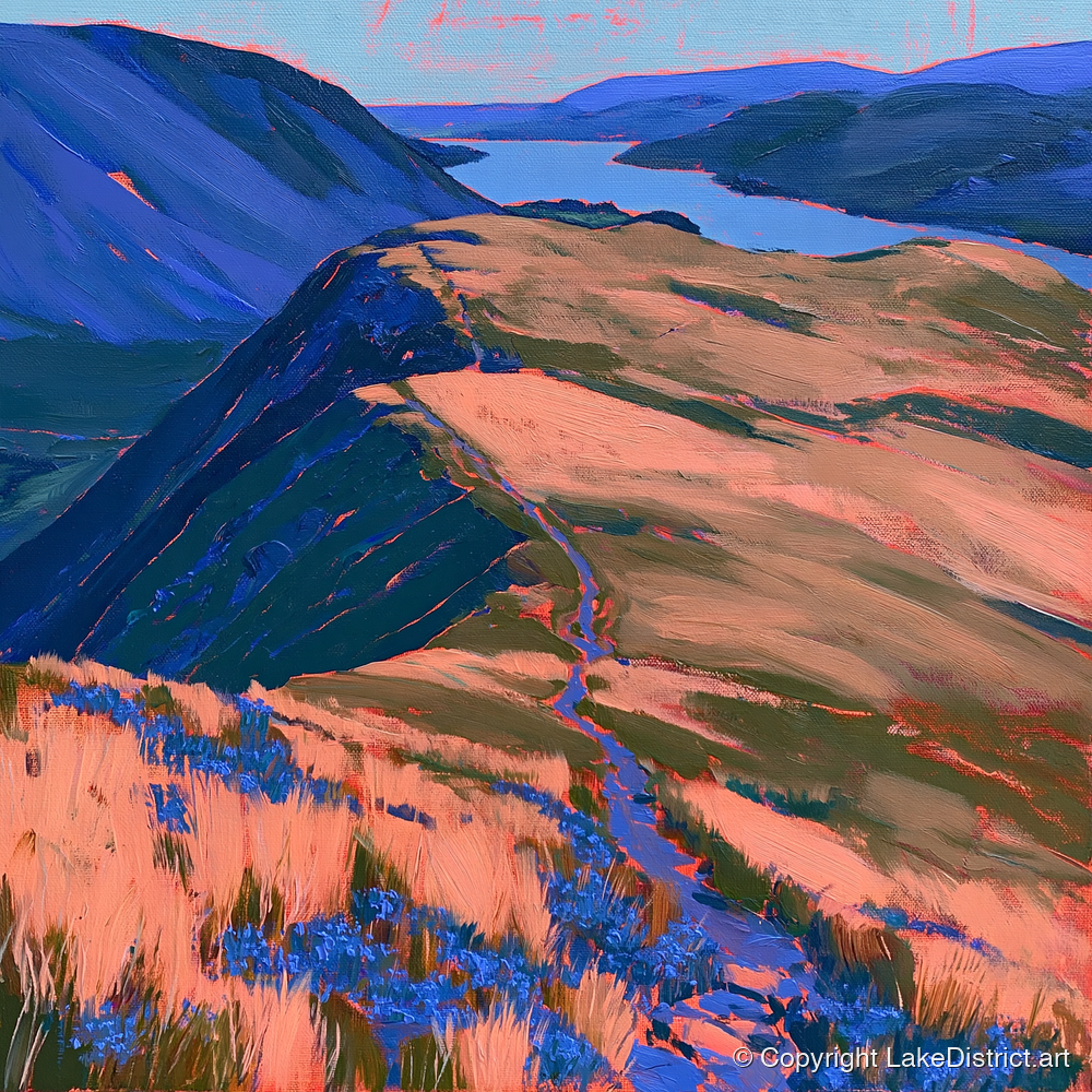 Beda Fell Ridge in Coral Light - lake district village art print and canvas by Evander Winslow A.I