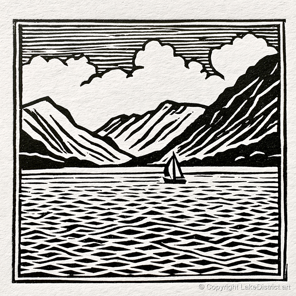 Black and White Ullswater Sailboat - lake district lake art print and canvas by Isaac Denton A.I