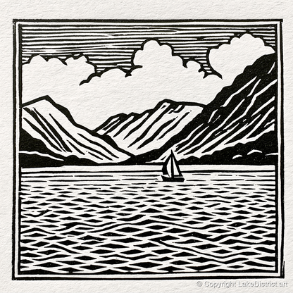 Black and White Ullswater Sailboat - lake district lake art print and canvas by Isaac Denton A.I