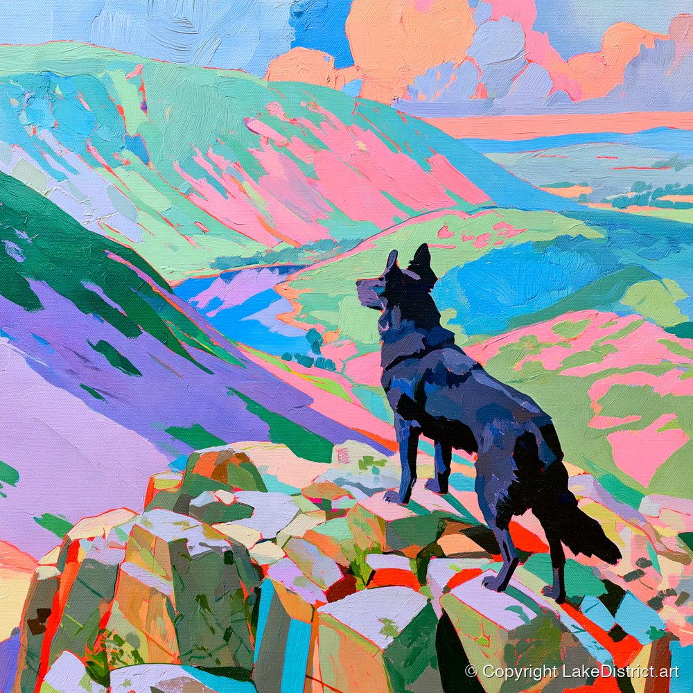 Black Dog on Vibrant Haystacks - haystacks wall art art print and canvas by Sylvia Carmichael A.I