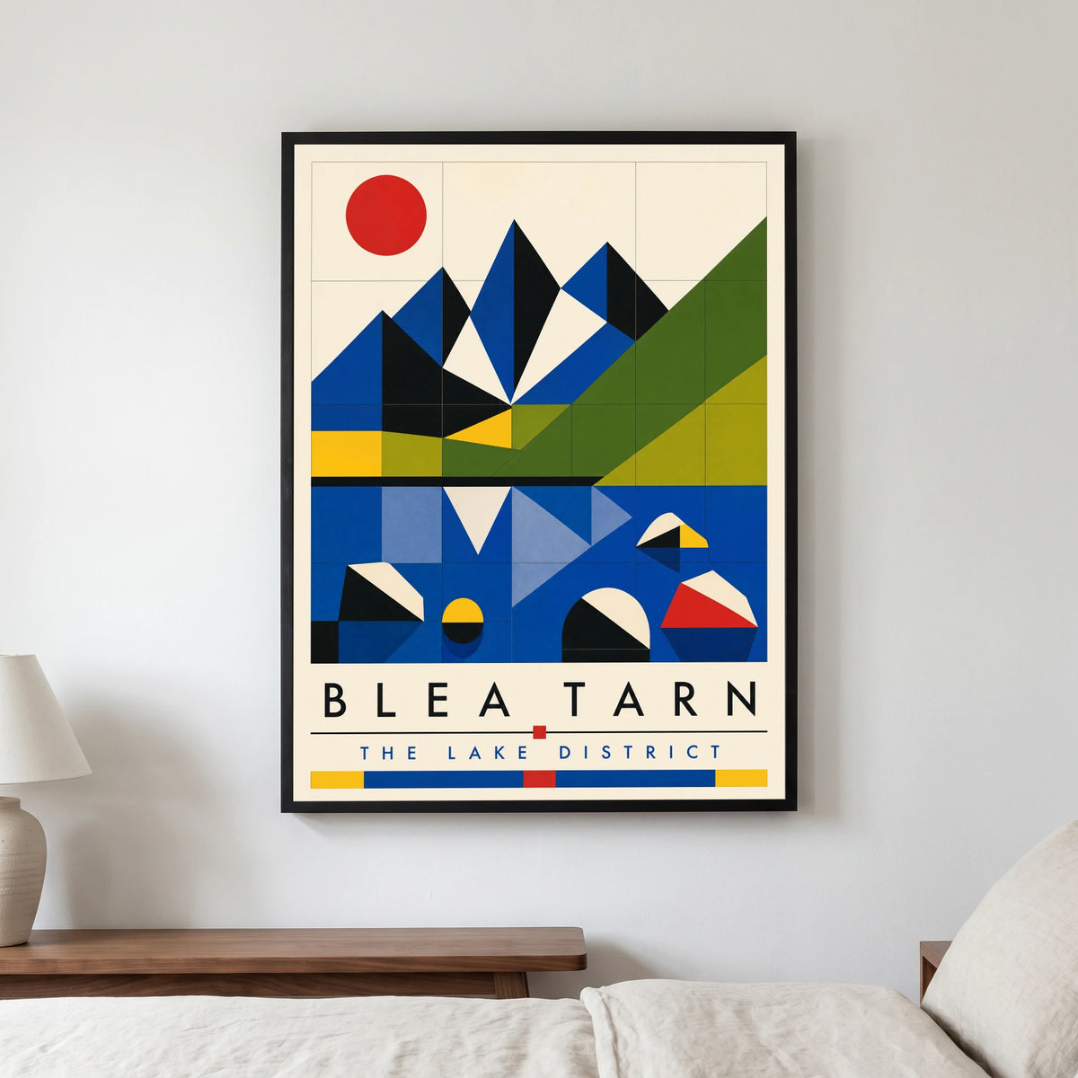 Blea Tarn travel poster in a black frame, hanging in a bedroom3
