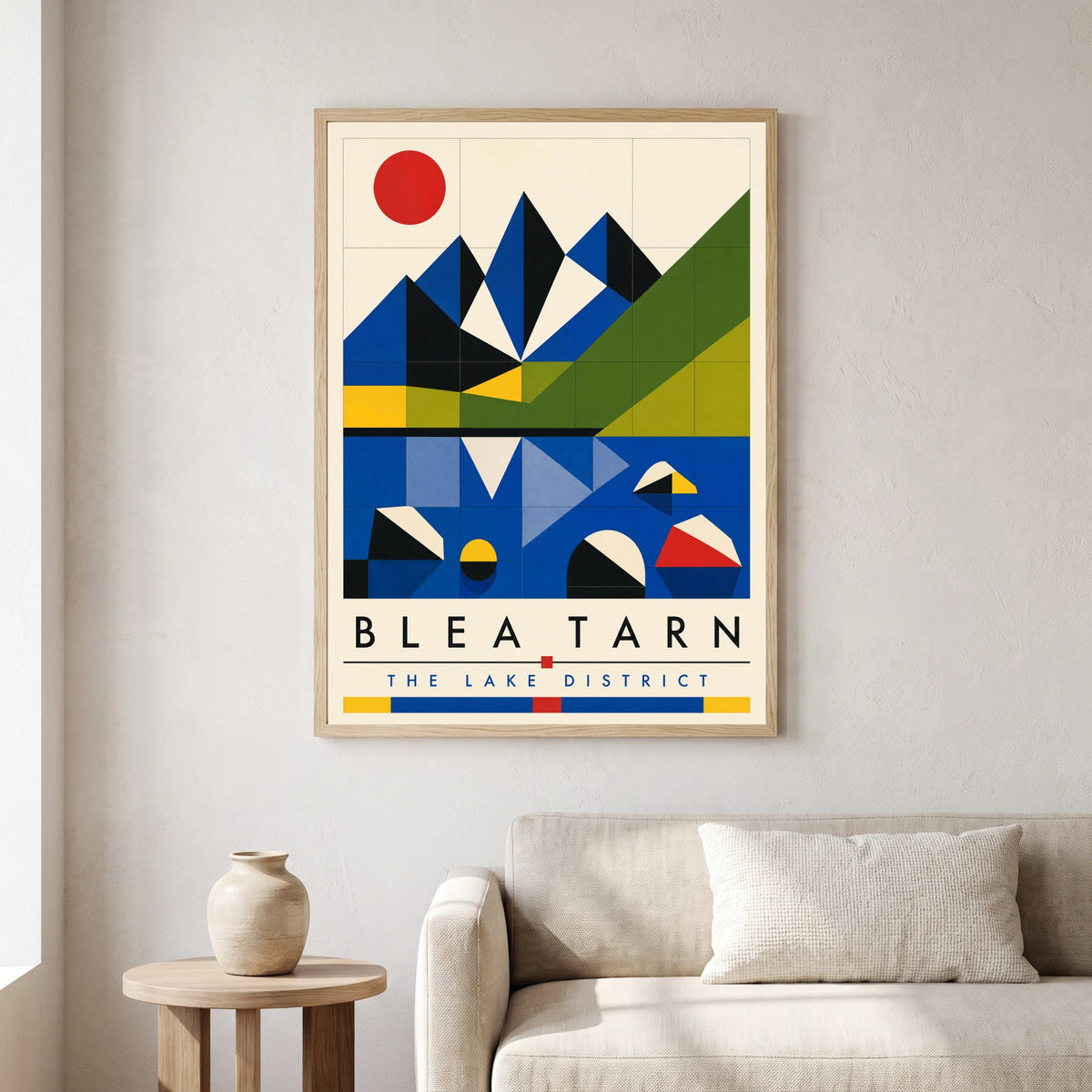 Blea Tarn travel poster in a natural frame, hanging in a living