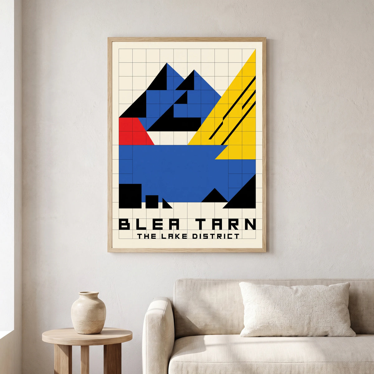 Blea Tarn travel poster in a natural frame, hanging in a living