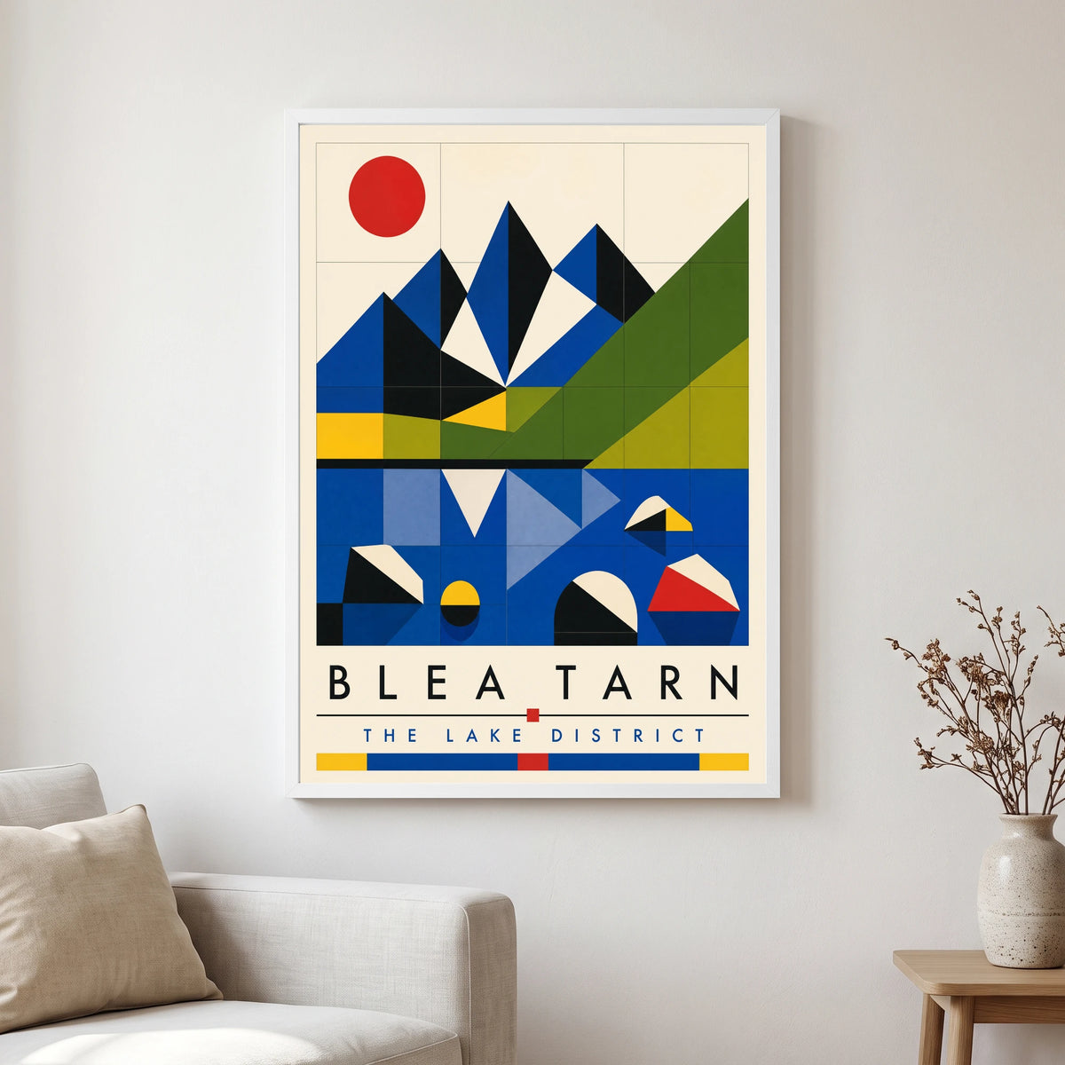 Blea Tarn travel poster in a white frame, hanging in a living2