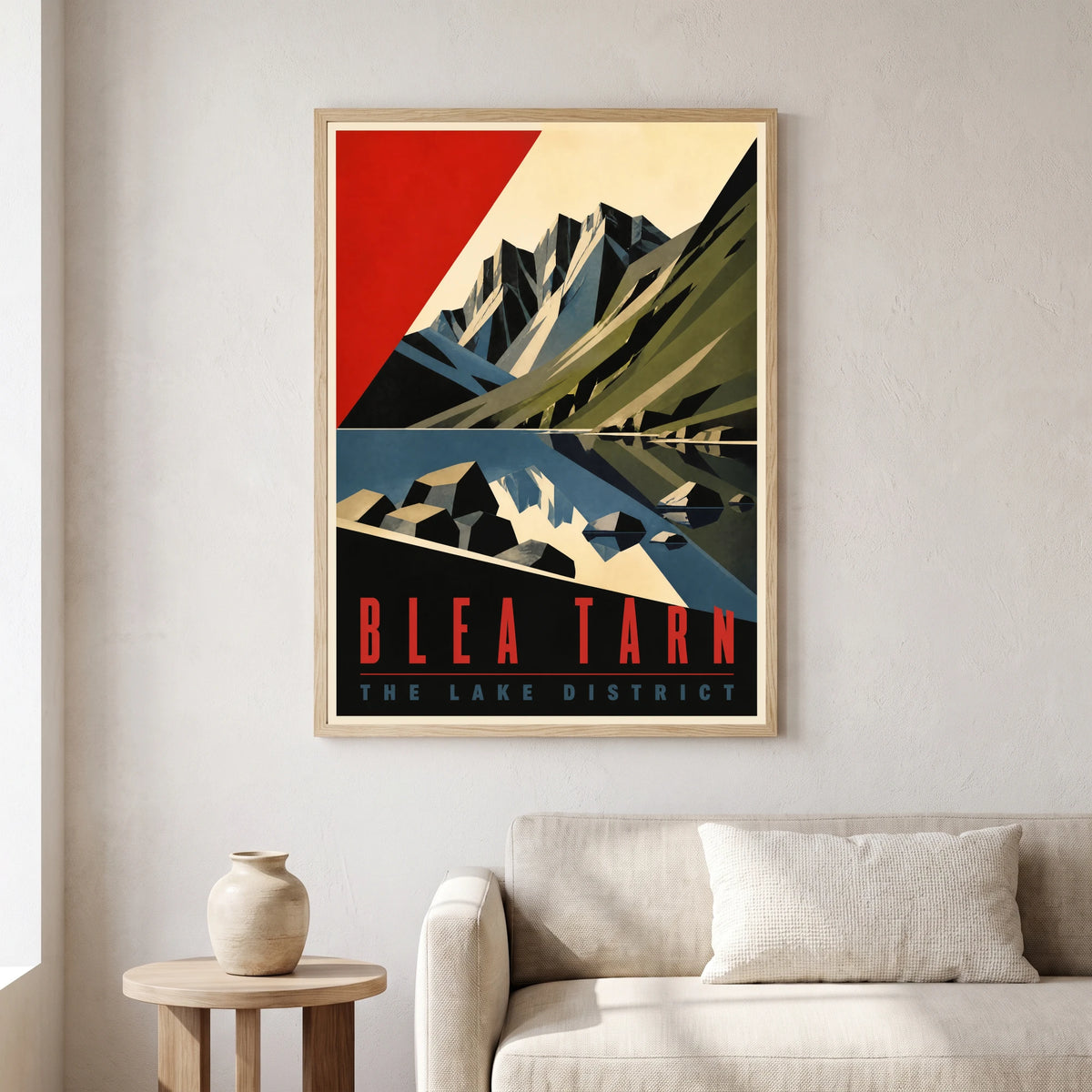 Blea Tarn travel poster in a natural frame, hanging in a living