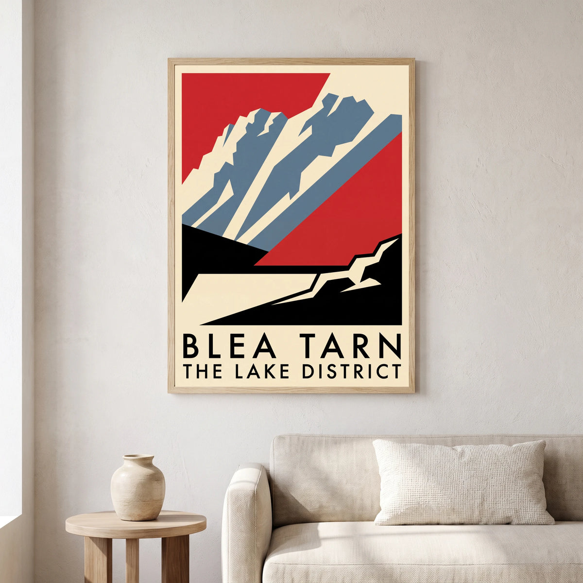 Blea Tarn travel poster in a natural frame, hanging in a living