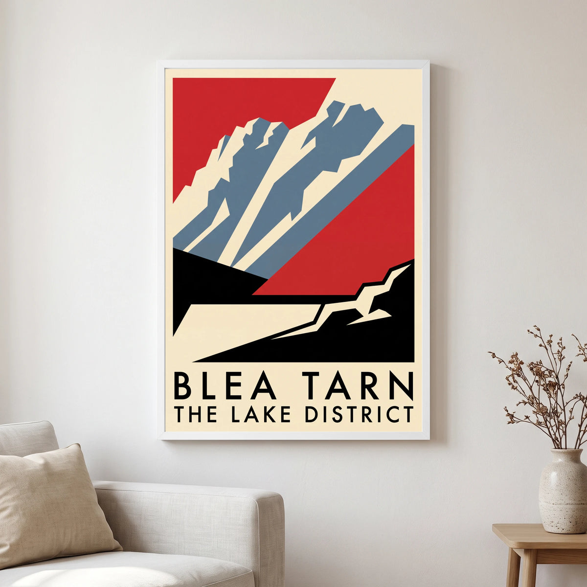 Blea Tarn travel poster in a white frame, hanging in a living2