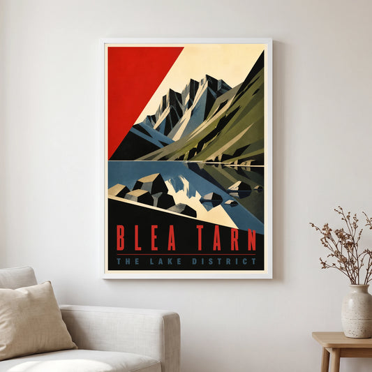 Blea Tarn travel poster in a white frame, hanging in a living2