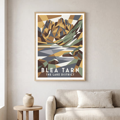 Blea Tarn travel poster in a natural frame, hanging in a living