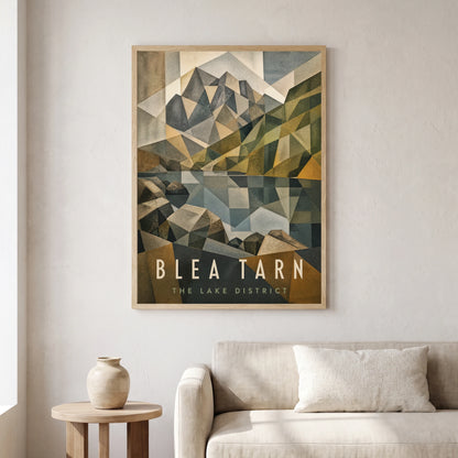 Blea Tarn travel poster in a natural frame, hanging in a living
