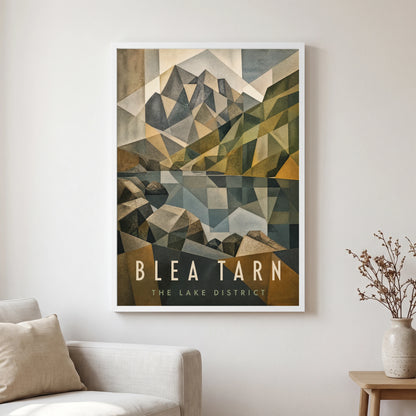 Blea Tarn travel poster in a white frame, hanging in a living2