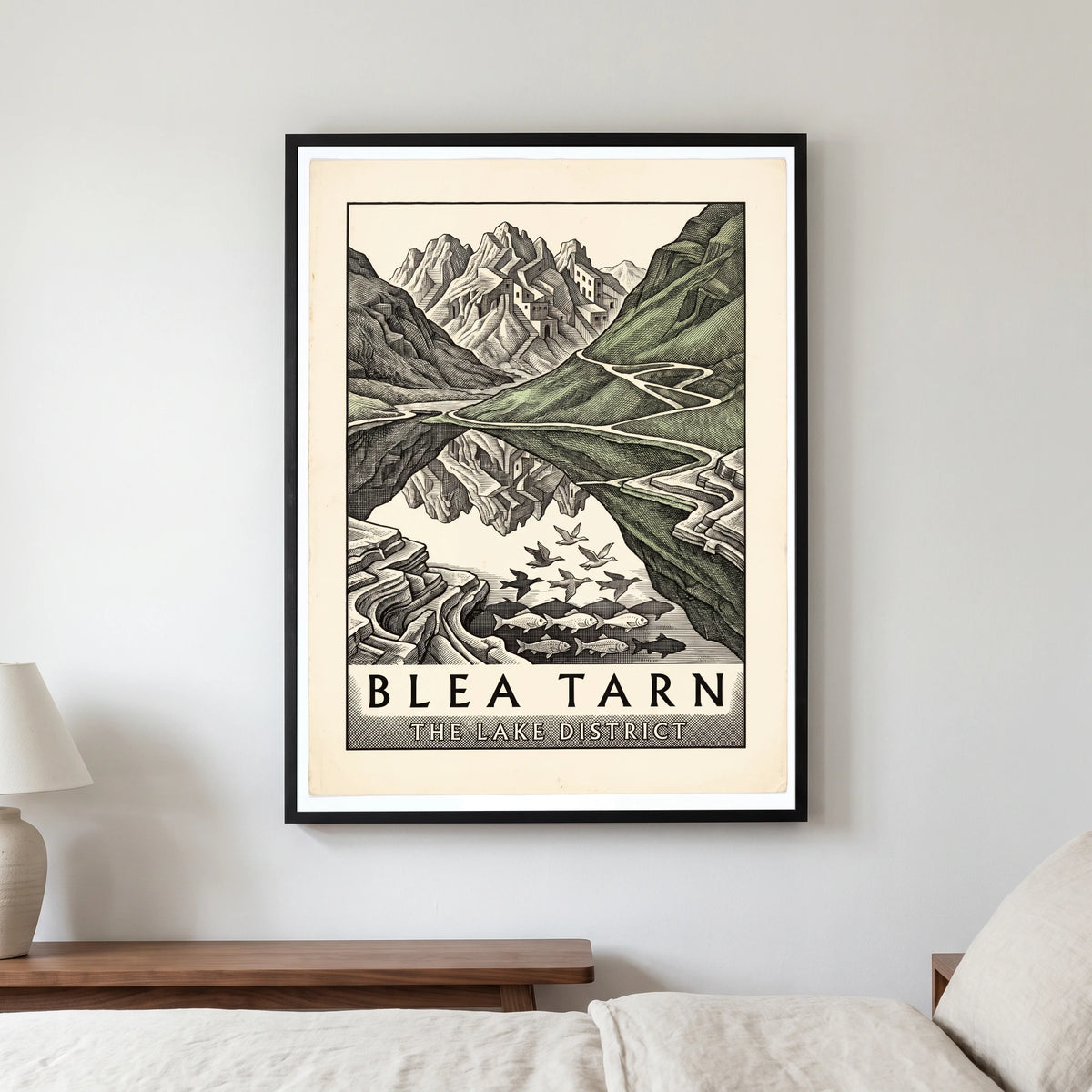 Blea Tarn travel poster in a black frame, hanging in a bedroom3