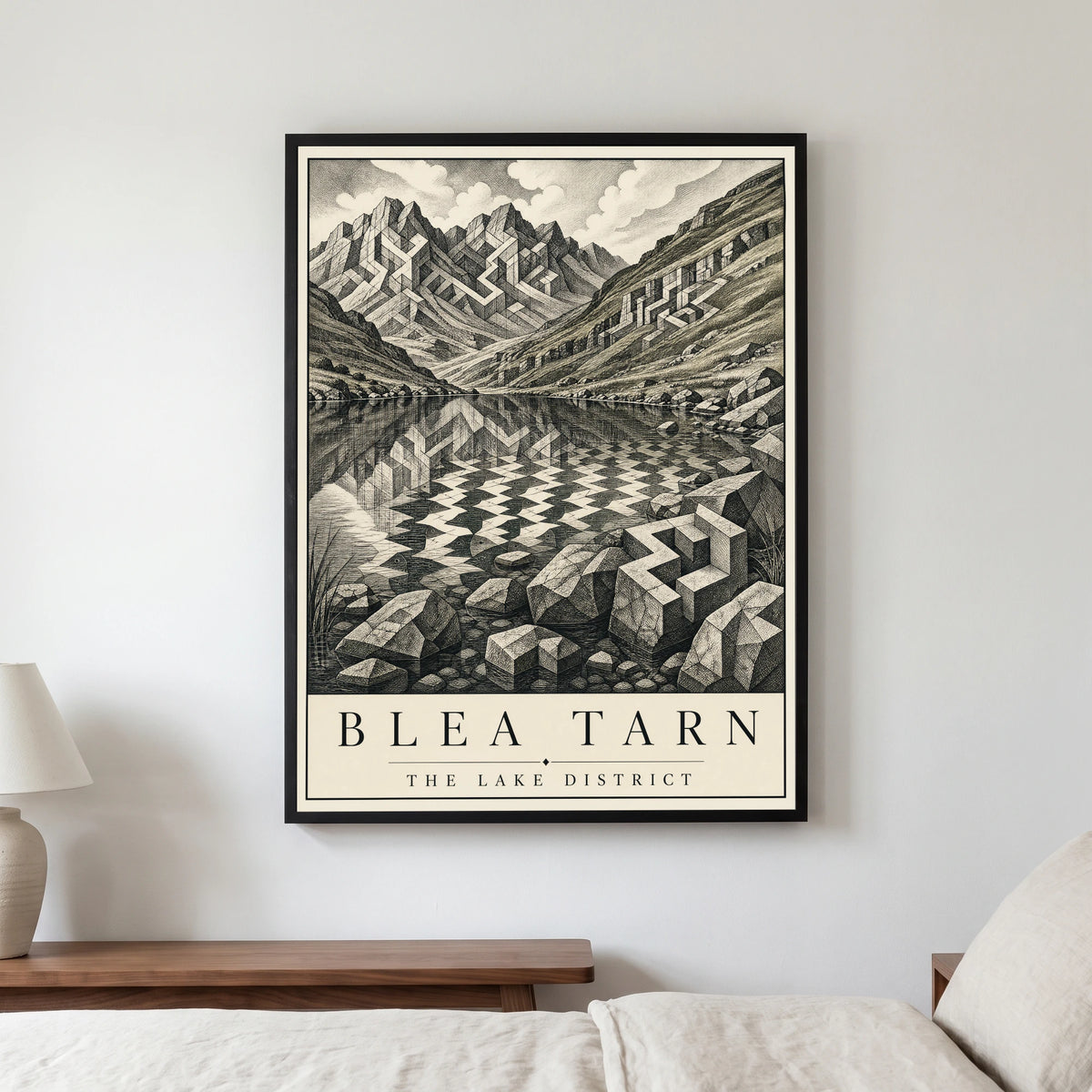 Blea Tarn travel poster in a black frame, hanging in a bedroom3