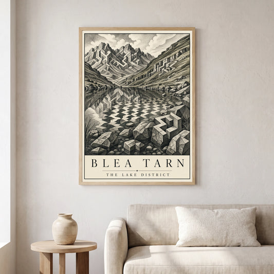 Blea Tarn travel poster in a natural frame, hanging in a living