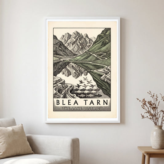 Blea Tarn travel poster in a white frame, hanging in a living2