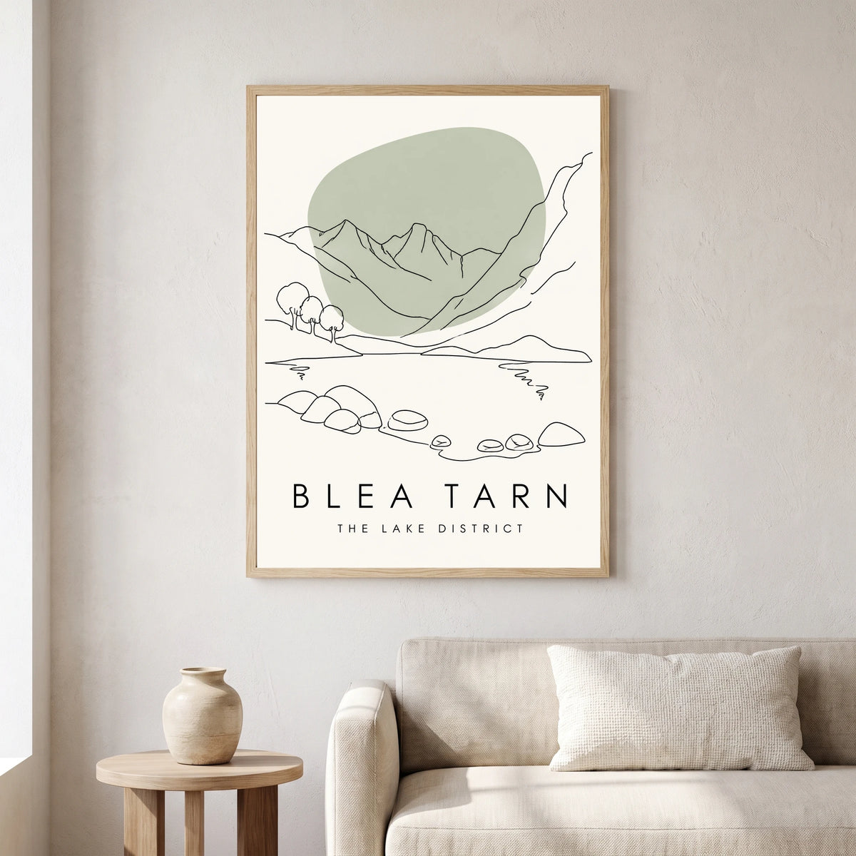 Blea Tarn travel poster in a natural frame, hanging in a living
