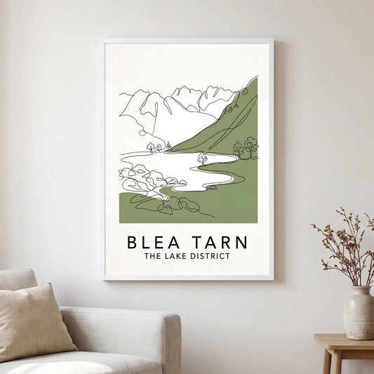 Blea Tarn travel poster in a white frame, hanging in a living2