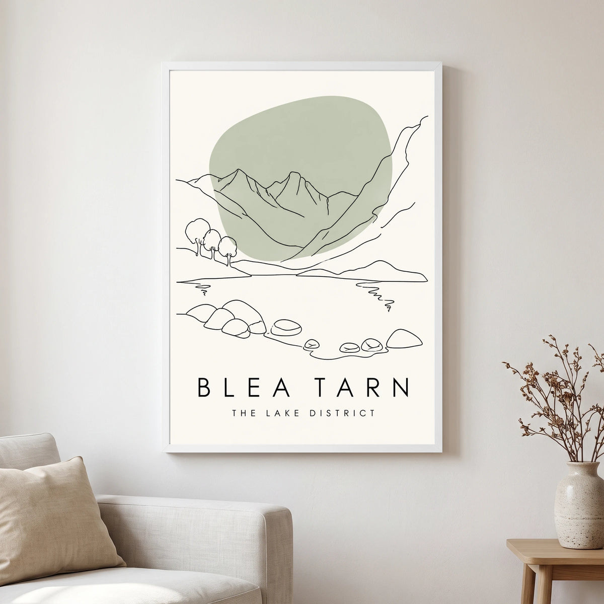 Blea Tarn travel poster in a white frame, hanging in a living2