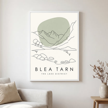 Blea Tarn travel poster in a white frame, hanging in a living2