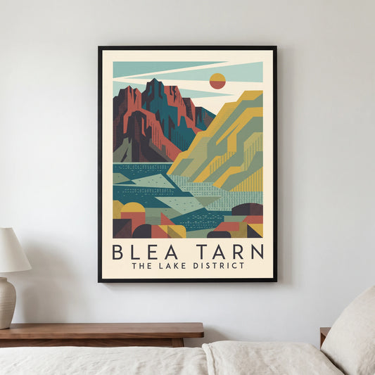 Blea Tarn travel poster in a black frame, hanging in a bedroom3