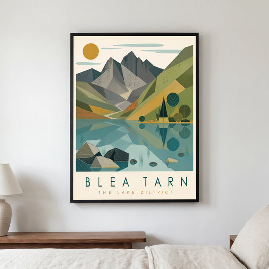 Blea Tarn travel poster in a black frame, hanging in a bedroom3
