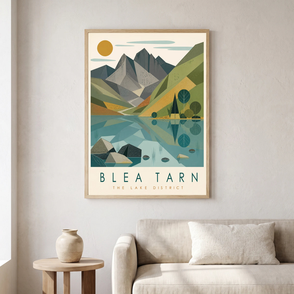 Blea Tarn travel poster in a natural frame, hanging in a living