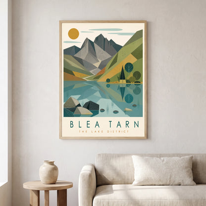 Blea Tarn travel poster in a natural frame, hanging in a living