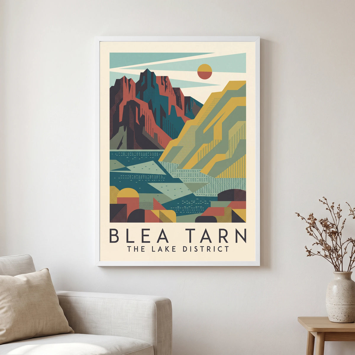 Blea Tarn travel poster in a white frame, hanging in a living2
