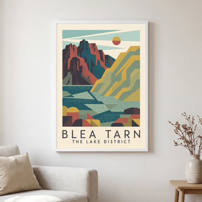 Blea Tarn travel poster in a white frame, hanging in a living2