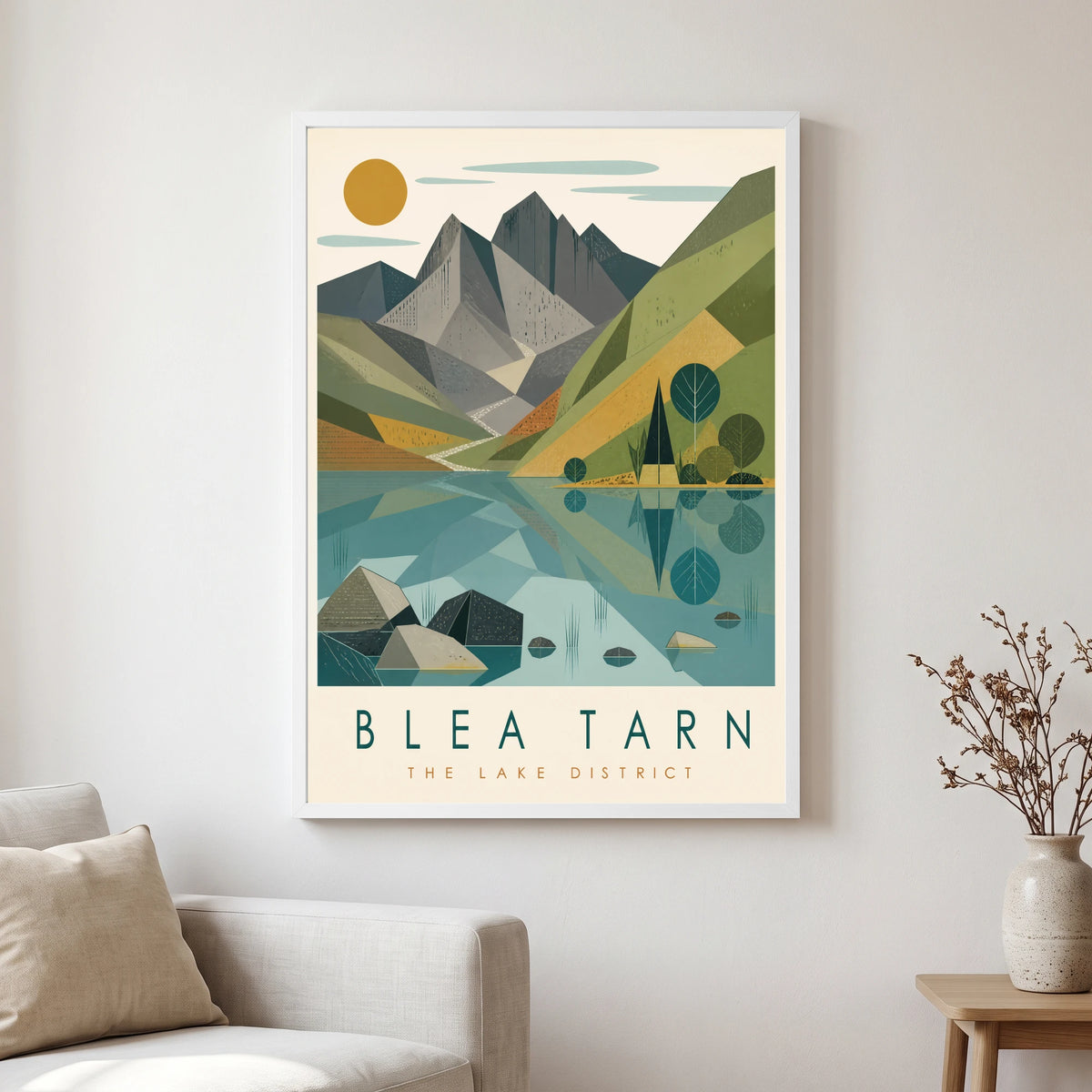 Blea Tarn travel poster in a white frame, hanging in a living2