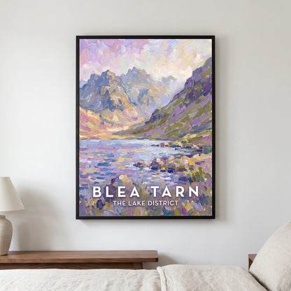 Blea Tarn travel poster in a black frame, hanging in a bedroom3