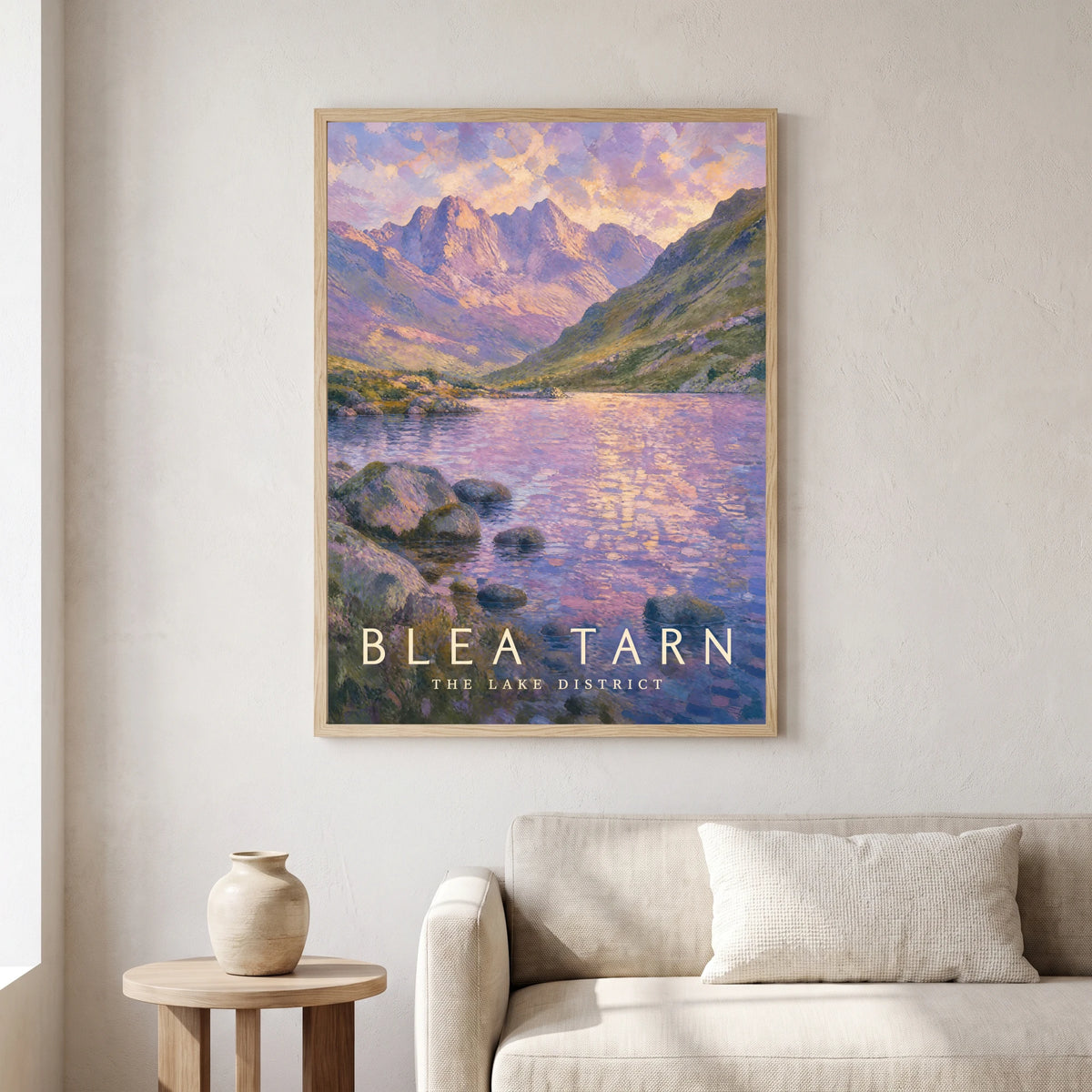 Blea Tarn travel poster in a natural frame, hanging in a living