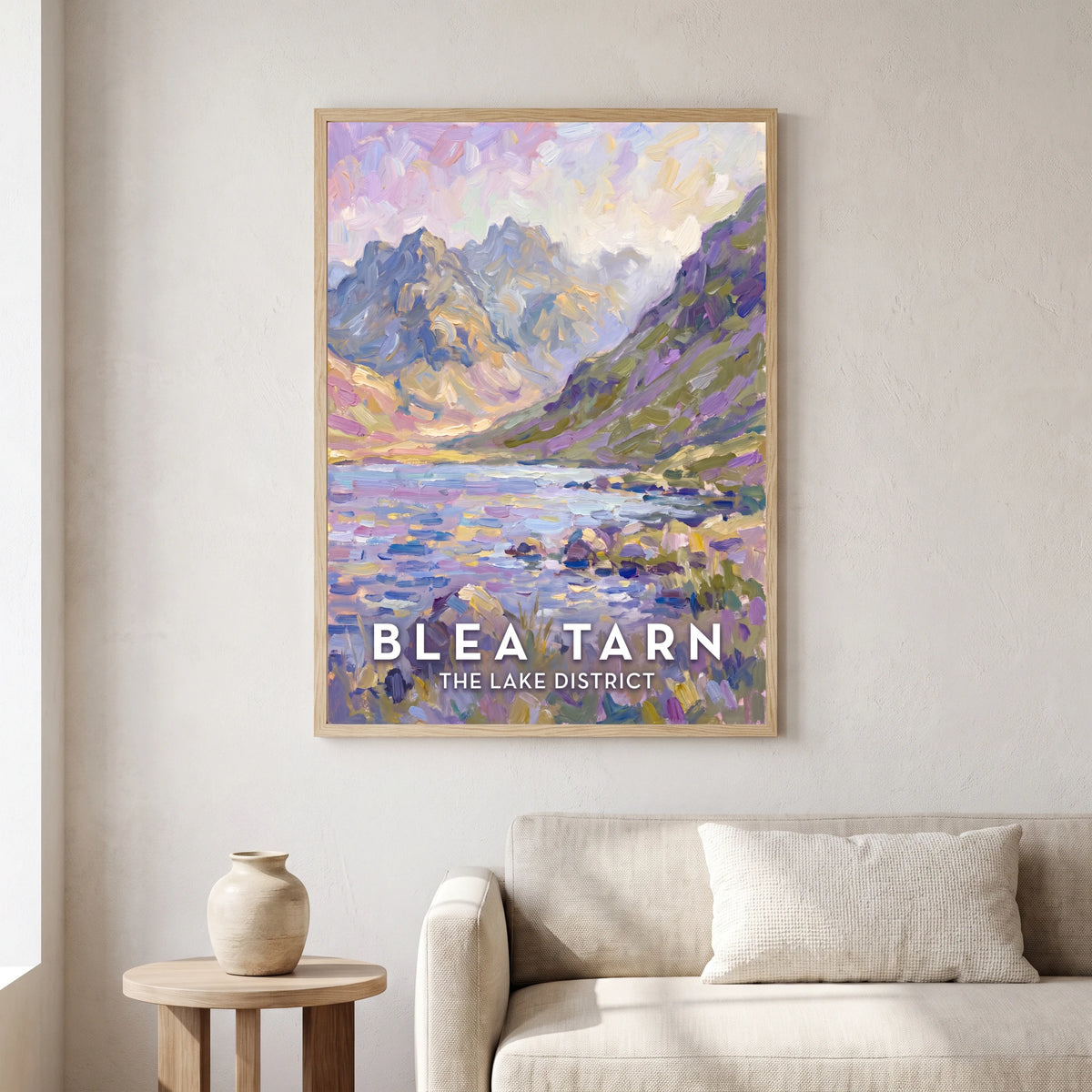 Blea Tarn travel poster in a natural frame, hanging in a living