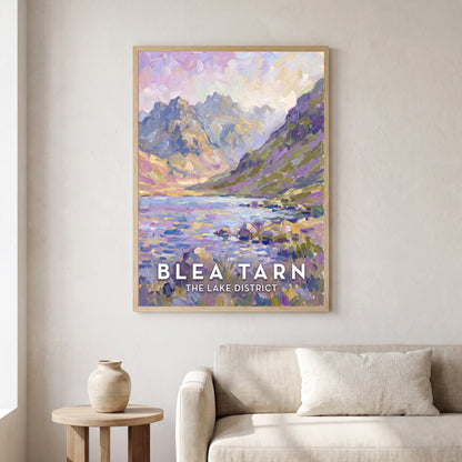 Blea Tarn travel poster in a natural frame, hanging in a living