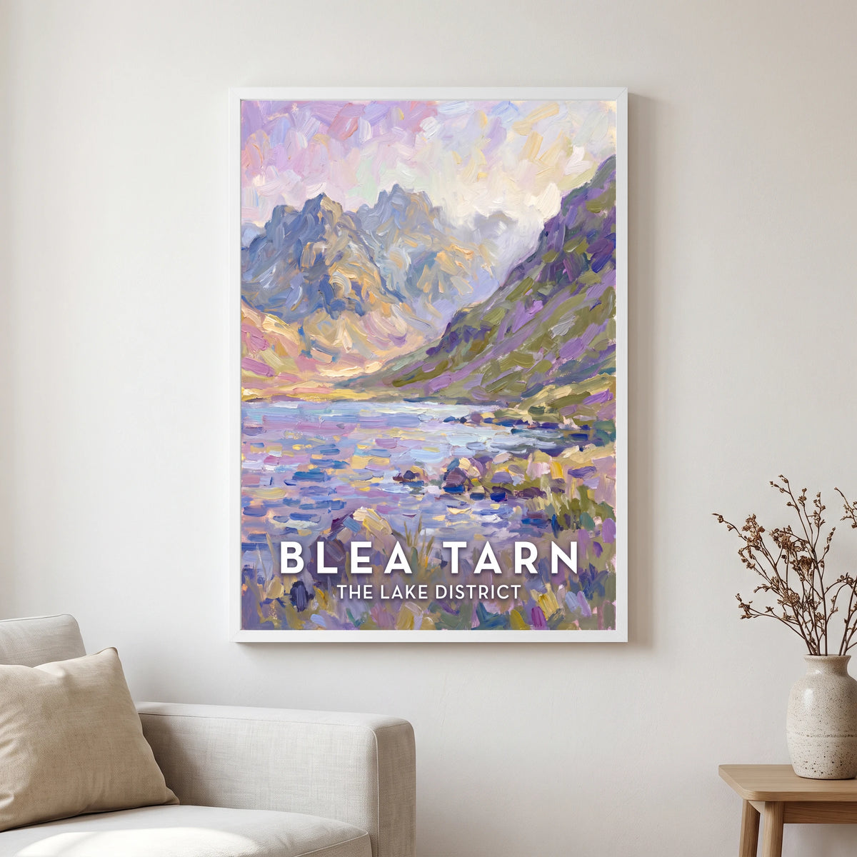 Blea Tarn travel poster in a white frame, hanging in a living2