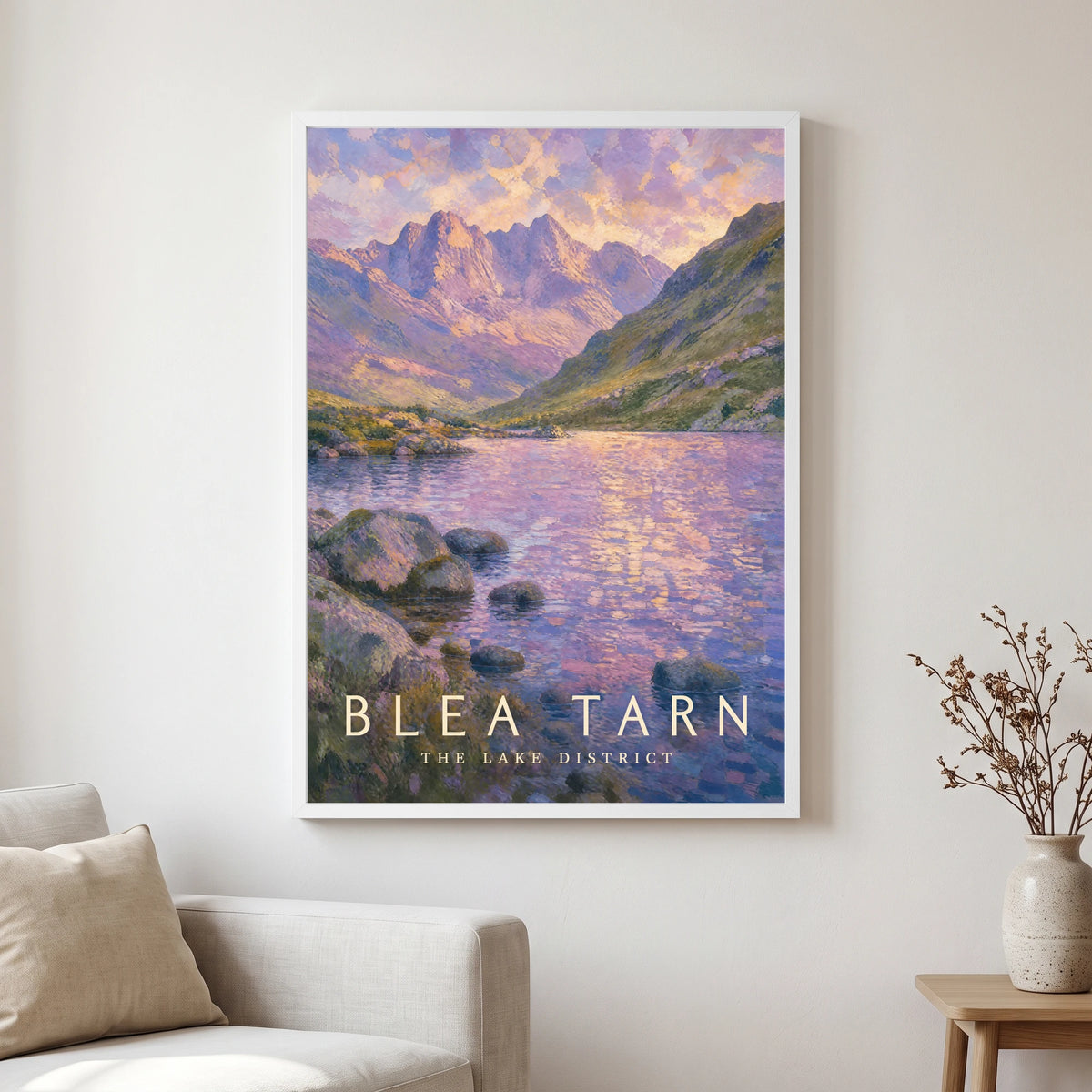 Blea Tarn travel poster in a white frame, hanging in a living2