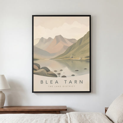 Blea Tarn travel poster in a black frame, hanging in a bedroom3