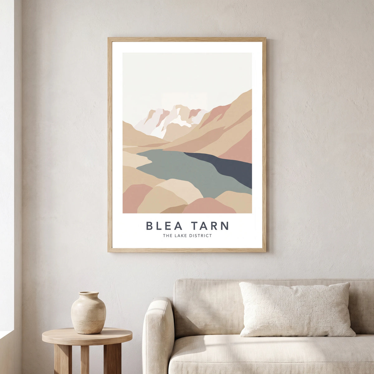 Blea Tarn travel poster in a natural frame, hanging in a living