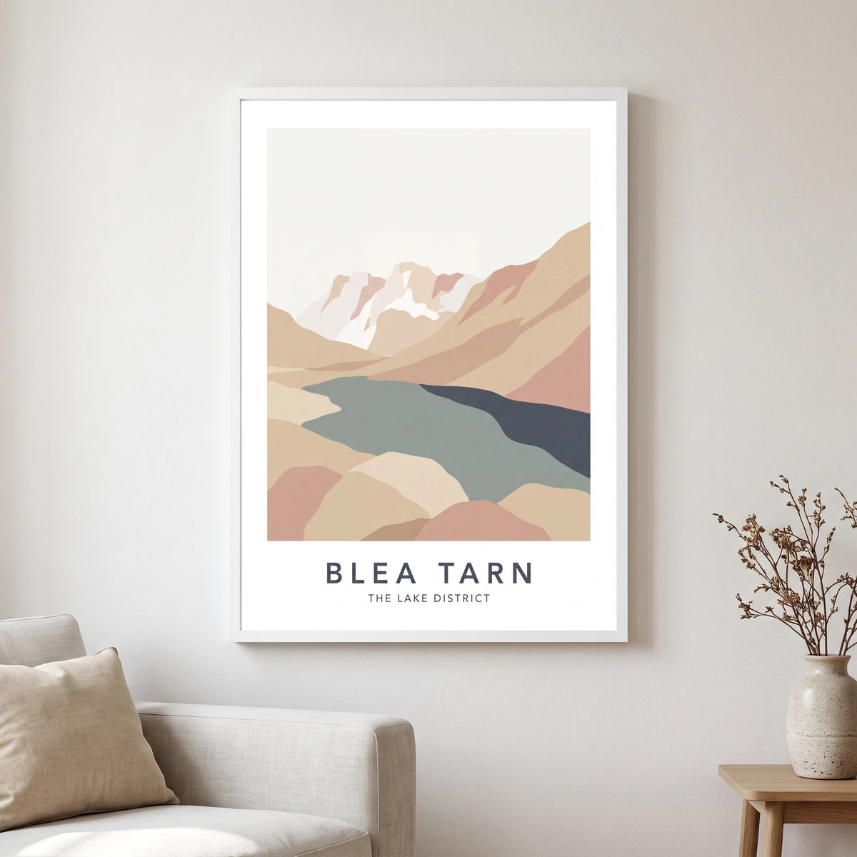 Blea Tarn travel poster in a white frame, hanging in a living2