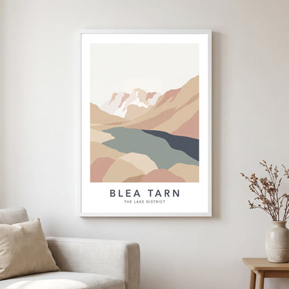 Blea Tarn travel poster in a white frame, hanging in a living2