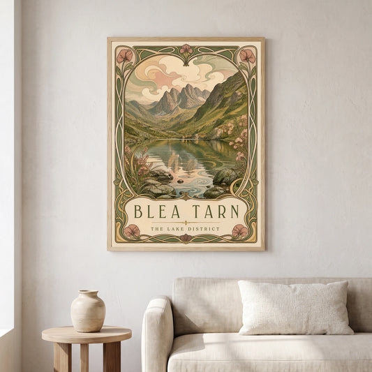 Blea Tarn travel poster in a natural frame, hanging in a living